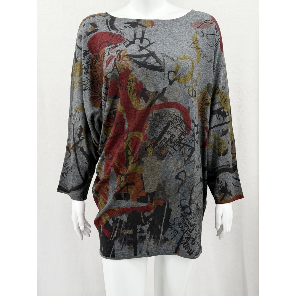 Inoah Top Women Medium Gray Tunic Graffiti Artsy Dolman Sleeves Stretch Oversize